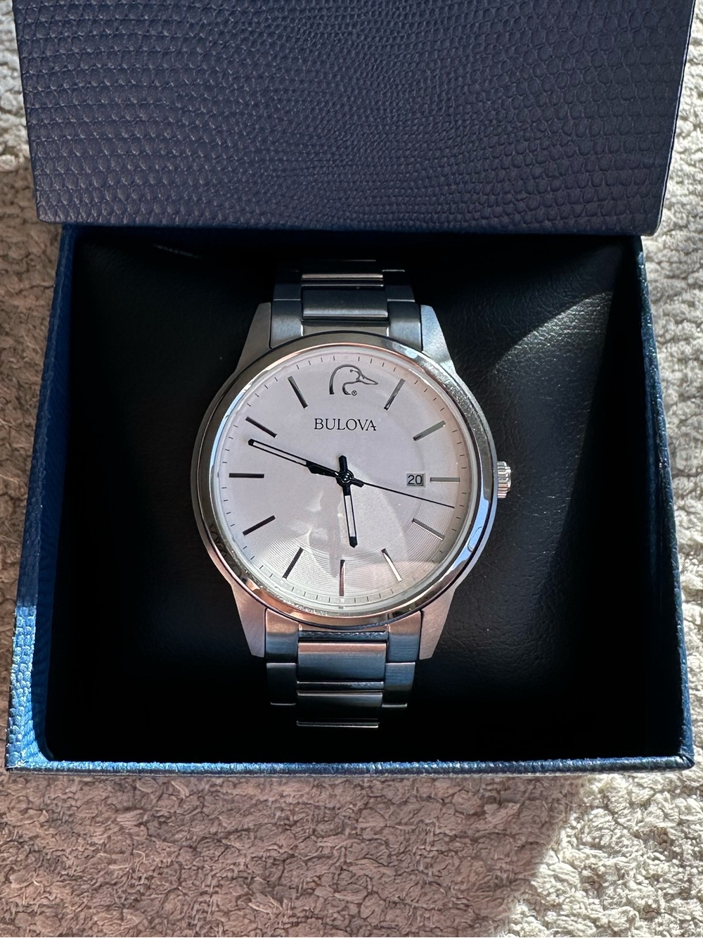 New Bulova 40mm Men’s Silver Quartz Watch with White Dial and Unique Duck Face